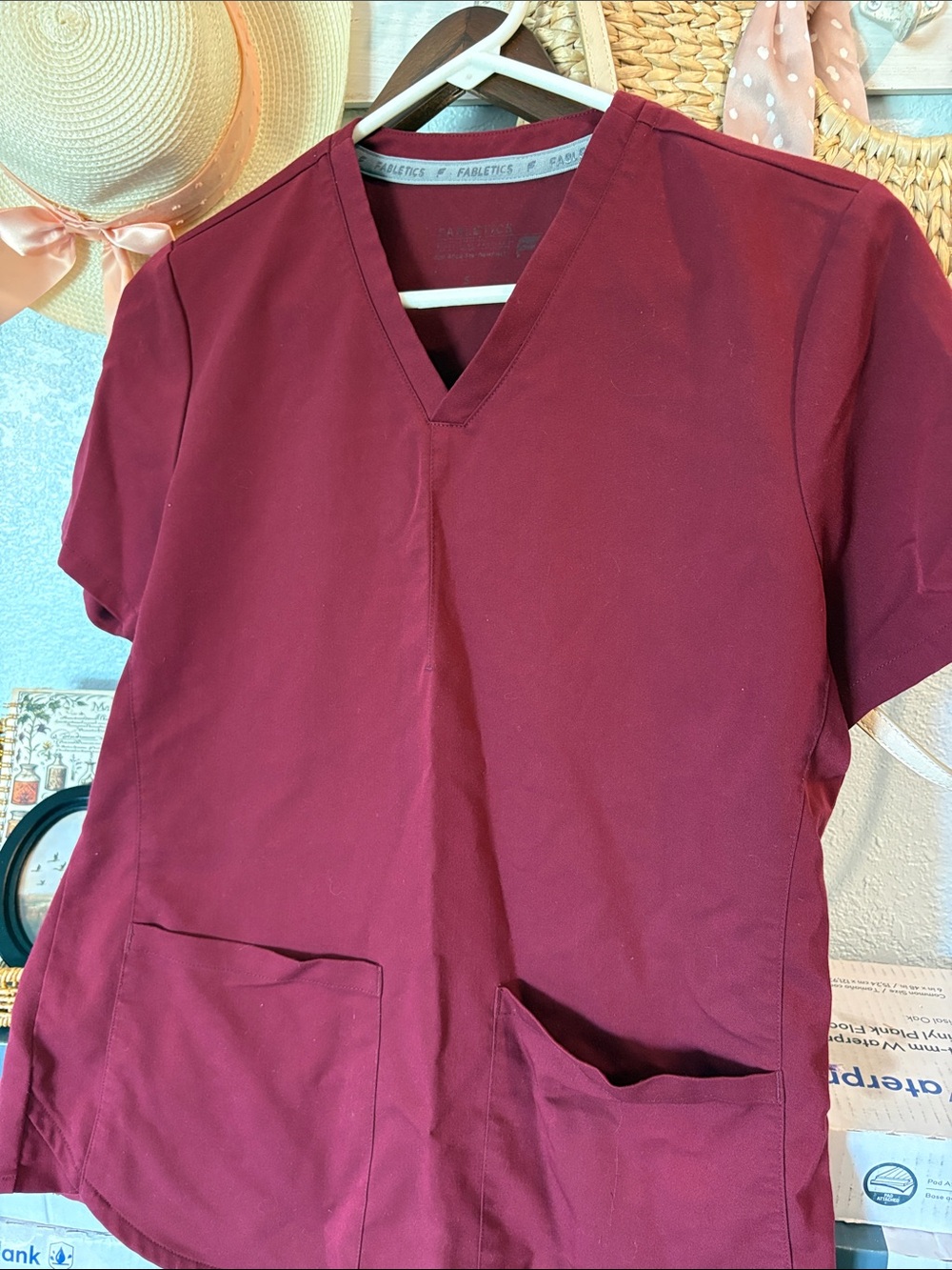 Fabletics Women's V-Neck Scrub Top - Burgundy